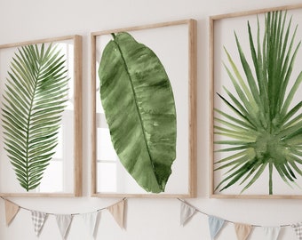 Palm Leaf Painting, Watercolor Botanical Art, set of 3 Extra Large Palm Leaf Prints, Tropical Plant Painting, Green Modern Wall Decor