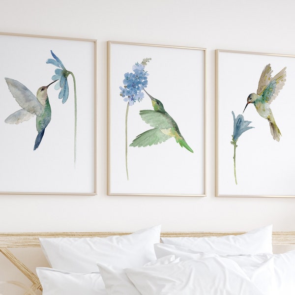 Kolibri-Kunstdruck, Kolibri-Wandkunst, Vogel-Wand-Dekor-Set von 3 Drucken, Vogel-Wohnkultur, exotische Vogel-Wand-Kunst, Vogel-Druck