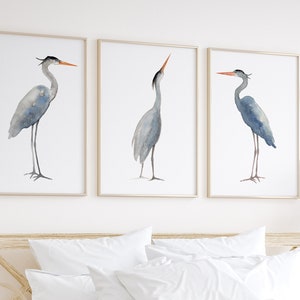 Arte de pared de garza, impresión artística de garza, decoración de pared de garza, decoración de pared de sala de estar con impresión de garza, juego de 3 impresiones de pájaro garza azul