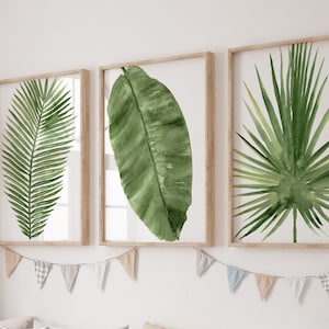 Palm Leaf Painting, Watercolor Botanical Art, set of 3 Extra Large Palm Leaf Prints, Tropical Plant Painting, Green Modern Wall Decor