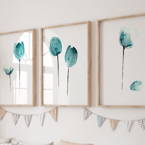 Teal Tulip Painting, Abstract Flower Watercolor Art, Floral Tulip Wall Decor, Mother's Day Gift Idea set of 3