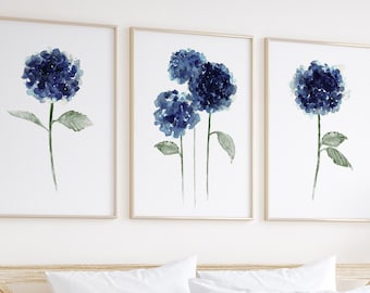 Hydrangea Wall Art, Hydrangea Art Print, 3 Piece Wall Art, Blue Hydrangea Flower, Canvas Art, Hydrangea Living Room Wall Decor, Painting