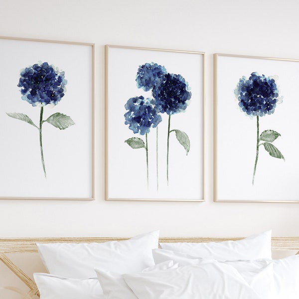 Hydrangea Wall Art, Hydrangea Art Print, 3 Piece Wall Art, Blue Hydrangea Flower, Canvas Art, Hydrangea Living Room Wall Decor, Painting