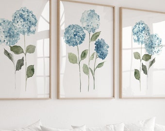 Stampa artistica di ortensia blu, set di 3 stampe, decorazione floreale per soggiorno, stampa artistica da parete di ortensia, pittura digitale da parete con fiori