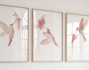 Stampa di colibrì, arte murale di uccelli rosa, illustrazione di uccelli retrò, set di 3 stampe di dipinti di colibrì di Joanna Szmerdt