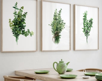 Kitchen Wall Art, Botanical Watercolor, Green Herb Painting, Modern Home Decor, Abstract Living Room Minimalist Poster, set of 3 Art Prints