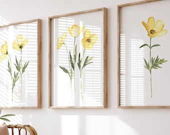 Buttercup Wall Art, Buttercup Art Print, 3 Piece Wall Art, Buttercup Wall Decor, Yellow Buttercup Flower Watercolor Painting