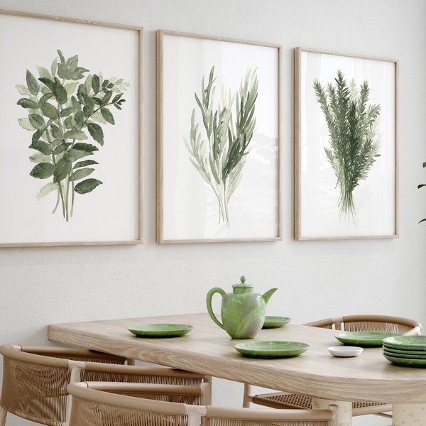 Minimalist Wall Decor, Extra Large Herb Artwork, set of 3 Botanical Prints, Green Herbs Mint Rosemary Thyme Modern Art Abstract Home Decor