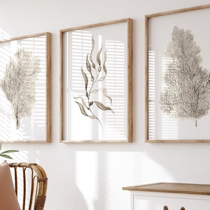 Watercolor Coral Print, Minimalist Wall Decor, Extra Large set of 3, Botanical Art, Nautical Beach House Decor, Modern Beige Painting