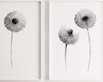 Dandelion Wall Art, Dandelion Prints set of 2, Grey Dandelion Art Print, Dandelion Living Room Wall Decor Watercolor Painting