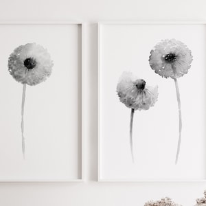 Dandelion Wall Art, Dandelion Prints set of 2, Grey Dandelion Art Print, Dandelion Living Room Wall Decor Watercolor Painting