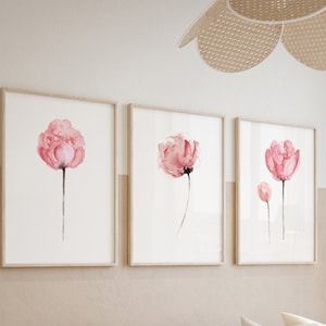 Conjunto de 3 peônias, arte impressa de peônias de flores abstratas, arte de parede minimalista, decoração de berçário de flores rosa, pintura em aquarela