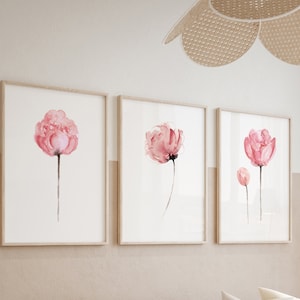 Peony Set of 3, Abstract Flower Peonies Art Print, Minimalist Wall Art, Pink Flower Nursery Decor Watercolor Painting image 1