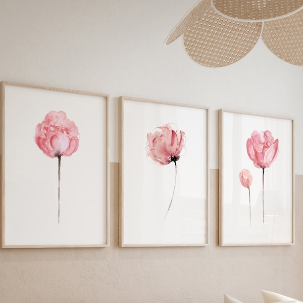 Lot de 3 pivoines, impression d'art fleurs pivoines abstraites, art mural minimaliste, décoration de chambre d'enfant fleurs roses, peinture à l'aquarelle