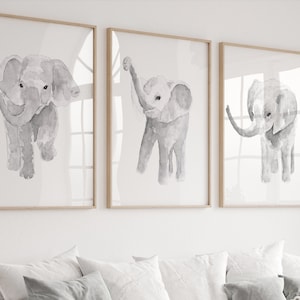 Gray Elephant Watercolor Set of 3 Prints, Signed by Joanna Szmerdt, Ideal for Nursery Boys and Girls Rooms, Cute Animal Art for Baby Bedroom