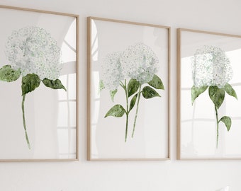 Hydrangea Painting, Hydrangea Print, Hydrangea Wall Art, White Hydrangea Painting, set of 3 Flower, Hydrangea Art Print Living Room Decor