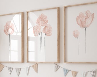 Pfingstrose, Rosa Pfingstrose Druck, Minimalistische Drucke, Pinke Blume Illustration, Botanische Kunst Druck, 3er-Set, Pfingstrose Illustration, Wall Art Flower