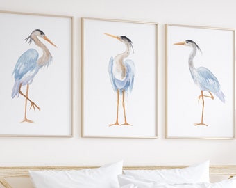 Blue Heron Watercolor Art Print Set: Elegant Bird Illustration (Digital Download)