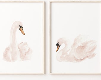 Schwan Wandkunst, Kinderzimmer Wanddekoration, Schwan Wohnkultur, Vogel Malerei, Abstrakt 2er-Set Extra Großes Aquarell, Modernes Blush Pink Kunstdruck
