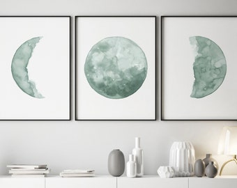 Moon phase | Moon cycle poster | Phases of the Moon | Lunar phases | Crescent Moon serenity green set of 3