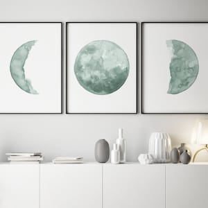 Póster de fases lunares / ciclo lunar / fases de la luna / fases lunares / luna creciente serenidad verde conjunto de 3