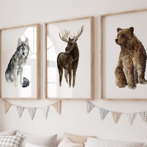 Wolf Moose Bear Prints, Forest Animals set 3, Extra Large Art Print, Nursery Wall Decor, Minimalist Painting, Modern Wall Art