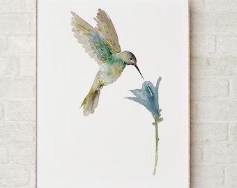 Hummingbird Art Painting, Bird Decor, Blue and Green Print, Abstract Wall Decor, Colorful Nursery Poster, Living Room Watercolor Painting