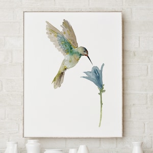 Hummingbird Art Painting, Bird Decor, Blue and Green Print, Abstract Wall Decor, Colorful Nursery Poster, Living Room Watercolor Painting