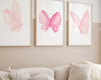 Butterfly Wall Art, Canvas Print set 3, Butterflies Nursery Baby Room Wall Decor, Pink Butterfly Poster, Butterfly Art Print, Butterfly Art