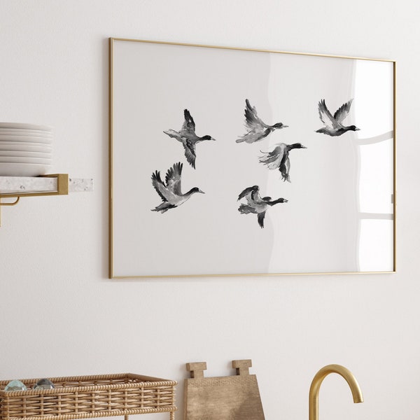 Aquarelle de canard sauvage, oeuvre d'art extra large, décoration de salon minimaliste, toile moderne abstraite, décoration d'intérieur, peinture d'oiseau de lac, art mural moderne