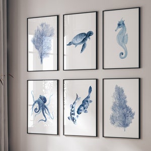 Sea Life Illustration, Sea Life Illustration, Küstenwandkunst, Nautische Poster, Set von 6 Drucken, Strand Home Decor, Blue Sea Creature Nursery Art