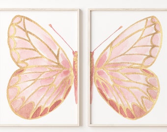 Butterfly Wings | Golden Butterfly | Blush Pink Wings | Champagne Wal Decor | Abstract Luxury Poster set of 2