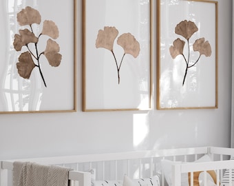 Gingko Braun Wandkunst, Gingko Kunstdruck, Beiges Gingkoblatt, Gingko Biloba Drucke, Gingko Wanddekor 3er Set Blätter