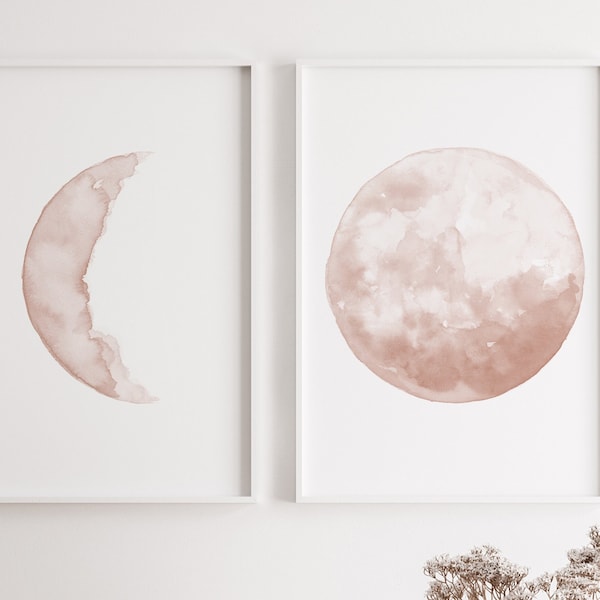 Moon Print Wall Art, Moon Wall Art, Moon Phase Print, Pale Pink Decor, Moon Phases set of 2 Prints, Blush Pink Nursery