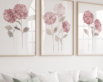 Art mural hortensia, fleur minimaliste d'hortensia, cadeaux d'hortensia, impression d'art d'hortensia, décoration murale d'hortensia, lot de 3 tentures murales roses