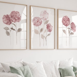 Hydrangea Wall Art, Hydrangea Minimalist Flower, Hydrangea Gifts, Hydrangea Art Print, Hydrangea Wall Decor, set of 3 Pink Wall Hanging