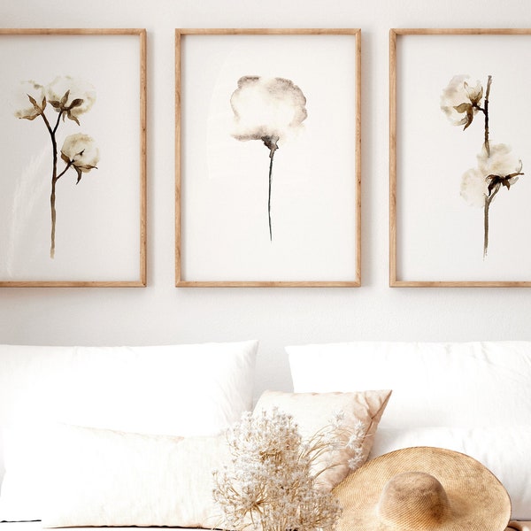 Cotton Print Wall Art, Cotton Bolls Painting Set 3, Shabby Chic Home Decor, Cotton Art Print