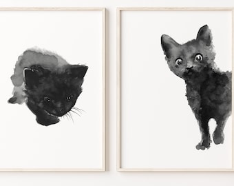 Black Cat Art, Black Cat Print, Abstract Cat Art, set of 2 Cats, Minimalist Poster Nursery Room Decor, Black Cat Painting, Cat Gifts