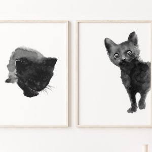 Black Cat Art, Black Cat Print, Abstract Cat Art, set of 2 Cats, Minimalist Poster Nursery Room Decor, Black Cat Painting, Cat Gifts image 1