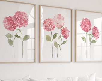 Art mural hortensias, décoration d'intérieur rose, affiche florale abstraite, lot de 3 fleurs roses et vertes, impression botanique aquarelle, toile de salon