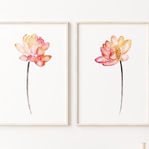 Lotus Flower Coral Print Wall Art, Colorful Lotuses Art Print Set 2, Pink Red Orange Yellow Abstract Flower Wall Decor, Floral Poster