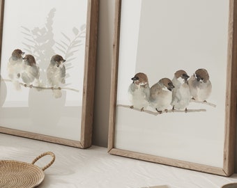 Regalo di anniversario per genitori o nonni. Set di 2 stampe artistiche ad acquerello con famiglia di passeri. Accoglienti poster di uccelli marroni con simbolismo familiare.