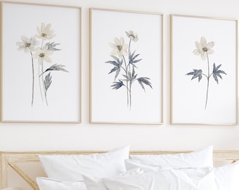 Anemonen Blume, Anemone Aquarell Kunst Dekor, 3er-Set Blumen Wohnzimmer, minimalistische Malerei, botanische Druck, weiße Anemone Kunstwerk