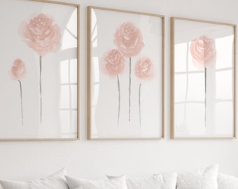 Shabby Flower Watercolor Painting, Nursery Girl Rose Floral Painting, Blush Pink Roses set of 3