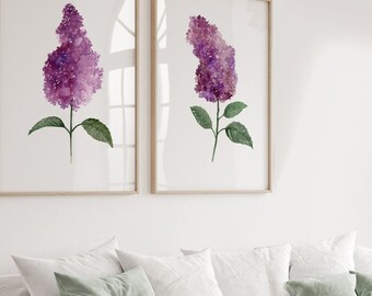 Lilacs Watercolor Painting, set of 2 Artworks, Abstract Flower Poster, Purple Floral Home Decor, Botanical Wall Art, Minimalist Modern Print