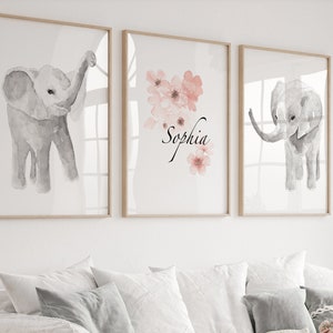 Elephant Nursery Print, Safari Nursery Prints, Custom Name Personalized Print, Baby Elephant Custom Name or Initial Poster
