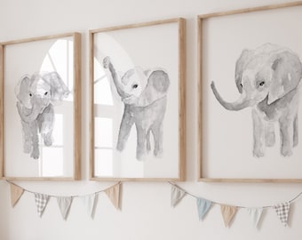 Elephant Print Wall Art, Elephant Art Print, Elephant Nursery Wall Art set of 3, Kids Art Print, Gray Elephant Poster