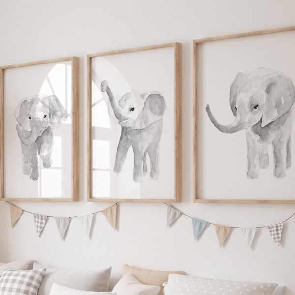 Elephant Print Wall Art, Elephant Art Print, Elephant Nursery Wall Art set of 3, Kids Art Print, Gray Elephant Poster