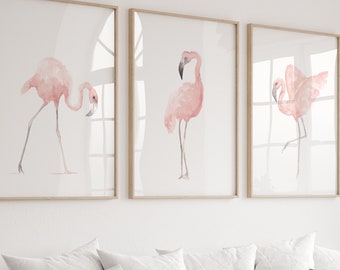 Flamingo Print, set of 3 Flamingo Blush Pink Decor, Nursery Poster Minimalist Wall Decor, Modern Artwork Canvas Watercolor Painting