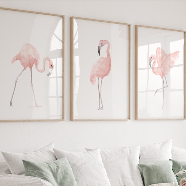 Impression de flamants roses, lot de 3 flamants roses, décoration murale minimaliste pour chambre d'enfant, oeuvre d'art moderne sur toile, aquarelle